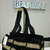 Sac en paille rayé noir