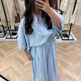 Ensemble ample chemise avec pantalon pince évasé [ bleue ]